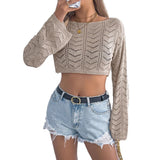Fongt And Summer Solid Color Hollow Horn Sleeve Leisure Loose Knitted Shirt Holiday Umbilly Tops Women's Clothing