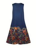 Fongt Sleeveless Dress Female Positioning Print Dress Bohemian Retro Long Dress