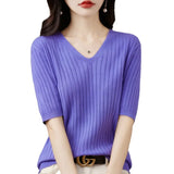 Fongt The Summer Of 2023, Women's Knit Short Sleeve Korean V-Neck Solid Color T-Shirt And A Pit Top-Outfit