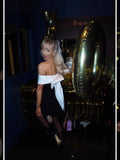 Fongt Spring And Summer Shoulder Black And White Bump Color Waist A Pendulum Design Bow Dress LX0114