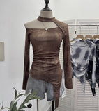 Long-Sleeved Irregular Design Small T-Shirt Women's Autumn Dress Print Hollow Tight Hottie Top