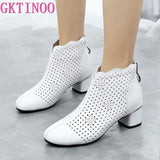 2021 Summer Ankle Boots Genuine Leather Shoes Women Med High Heel Back Zipper Boots Cutout breathable Mujer