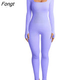 Women Sexy Bodycon 1Piece Jumpsuit Long Sleeve Square Neck Romper Ribbed Knit Yoga Workout Unitard Playsuit Backless