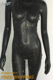 Sale Fishnet Bling Crystal Diamonds Dress Grid Sleeveless O Neck Sexy See Through Women Skinny Mini Dresses Night