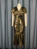Fongt Sexy V-Neck Folded Fishtail Skirt Three-Dimensional Flowers Waist Fashion Party Party Evening Dress Dress