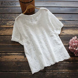 Vintage Women Lace Crochet Blouse Summer Short Sleeve Hollow Out Tunic Tops Solid Embroidery Shirt Casual Blusas