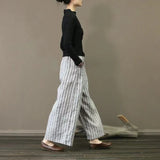 Fongt Summer New Striped Cotton Broad Legs Tight Waist Cover Meat Thin Harun Pants Women's Loose Leisure