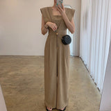 Fongt Chic Summer Retro Square Collar Collect Waist Show Thin Loose Versatile Long Sleeveless Jumpsuit Wide Leg Pants Woman-Outfit