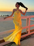 New Solid Color Sexy Hanging Neck Mesh Splicing Dress High-End Temperament Open Dress Dress