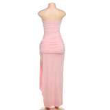 Strapless Pink Tie Up Mesh Midi Dress-Outfit