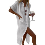 Fongt 874 Spot Women's Ins Wind Solid Color Casual Long Sleeve Long Cotton Linen Shirt Dress-Outfit