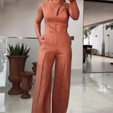 Fongt Summer Fashion Round Collar High Waist Solid Color Hollow Out Wide Leg Jumpsuit-Outfit