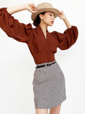 Chic Lantern Sleeve Women Crop Blouse Vintage Black Office Top Female Short Bodycon Shirt V-Neck Breasted Draped