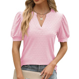 2024 New V-Neck Bubble Sleeve Pleated Short Sleeve Loose T-Shirt Top-Outfit
