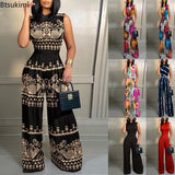 2023 Women's Casual Jumpsuits Geometric Print Sleeveless Wide Leg Jumpsuit Spring Summer Sets Outfits Female Overalls