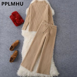 Winter Knitted 2 Piece sets Women's Thick Warm Casual Pullover Sweaters+Wide leg pants Tracksuits Korean