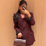 Fongt Women's Clothing Explosion Fashion Temperament Wine Red Blazer Double Buckle