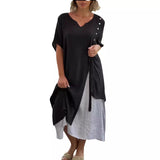 Fashion V-Neck Short-Sleeved Fake Two Asymmetrical Dress Women's Dress 2025 Spring And Summer