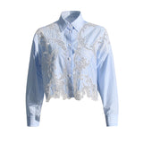Fongt Stripe Retro See-Out Top Embroidery 2024 Autumn New Shirt Lace Female Short Style Advanced Sense-Outfit