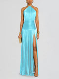 Fongt Women's Metallic Metallic Folding Fork With Hanging Neck Dress Sleeveless Back 8155