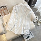 Women's White Striped Shirts Korean Loose Casual Formal Blouses Elegant Camisas Long Sleeve Tops New Chic Ol Blusas