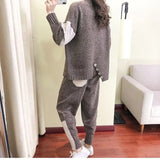 high collar Patchwork Knitted 2 Piece Sets Women Loose Design Split Pullover sweaters suits Splicing Harem Pants