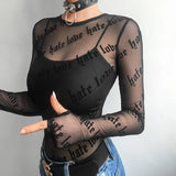 Fongt Letter Personality Print Perspective Sexy Mesh Long Sleeve T-Shirt Top Female-Outfit