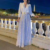Fongt Buy Through The New Fashion V-Neck Long-Sleeved Shirt Temperament Elegant Waist Display Thin Bright Leg