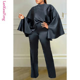 New Solid Color Bat Sleeves Loose Top Slim Fit Pants Two Piece Fashion Winter Elastic Cape Set-Outfit