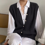 Sweater Vest Women Stretchy Simple Basic Daily V-neck Solid Open-stitch Female Korean