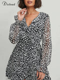 Summer Dresses For Women 2022 Black Print V-neck Long Sleeve Chiffon Ladies Dress Party Elegant Casual Office