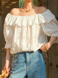 Fongt Goods Women's Clothing Holiday Style Shoulder French Embroidery Top Women's Sleeves Shenzhen South Oil Women's