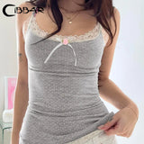 Harajuku Grey Lace Patchwork Crop Top Cute Bow Strap Tops Women Vintage 2000s Summer Tees Y2k Basic Street Style Fashion-Outfit