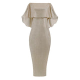 Fongt New Back Big Flounce Wrapped Chest One-Word Shoulder Dress Blingbling Wrap Buttock Slit Evening Dress-Outfit