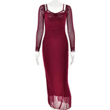 Burgundy Sheer Long Sleeve Bodycon Maxi Dress-Outfit