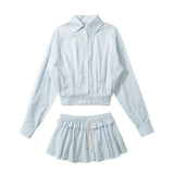 Plaid Ruched Buttoned Shirt And Pleated Micro Skirt-Outfit
