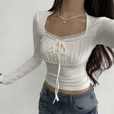 Lace Trim Stitching Square Neck Long Sleeve Tee-Outfit