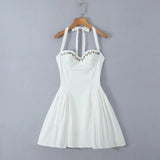 White Halter Embroidery Solid Mini Dress-Outfit
