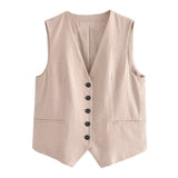 Fongt 2023 Summer V-Neck Solid Color Single Breasted Vest High Waist Wide-Leg Pants Shorts Set 9ZS2251-Outfit