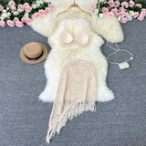 Fongt Ins Vacation Style Suit Female Design Sense Bikini Hanging Neck Vest Versatile Tassel Skirt Knit Two Sets-Outfit