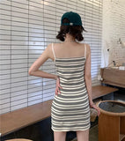 Fongt Apricot Black Striped Summer New Hottie Slinging Dress Women Waist Care Machine Sexy Short