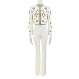 Fongt New Fashion Round Neck Heavy Industry Nail Beads Short Jacket Open Fork Trousers Set