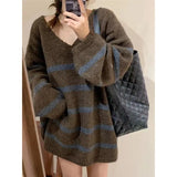 Breeze Loose V-Collar Head Striped Sweater Autumn And Winter Retro Temperament Medium-Long Style Sweater Sweater-Outfit