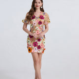 Fongt Dress Women Summer French Retro V-Neck Lantern Sleeve Embroidered Mesh Yarn Waist Bubble Sleeve Dress