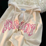Letter Printed Hoodies Women Men American Retro Casual Long Sleeve Oversized Sweatshirts Y2K Zip Up Hooded Jacket