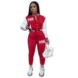 Pink Printed Baseball Coat Pants Two Piece Sets Spring Fall Outfits Womens Track Suits Casual Fashion Streetwear