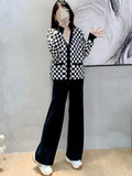 Plaid Sweater Two Piece Set Fall Winter V-neck Knit Cardigan Jackets Conjuntos Casual High Waist Wide Leg Pants Outfits