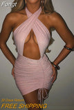 Bling Glitter Women Drawstring Ruched Halter Mini Dress Hollow Out Backless Bodycon Party Club 2023 Autumn Winter
