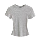 Trend Women's Wear Thread Slim Short-Sleeved T-Shirt Sexy Round Collar Solid Color Shoulder Show Thin Short Navel Blouse-Outfit