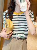 Silk Short-Sleeved Sweater Women's Thin Striped T-Shirt Large Size Korean Version Bottom Summer Half-Sleeved Chic Blouse-Outfit